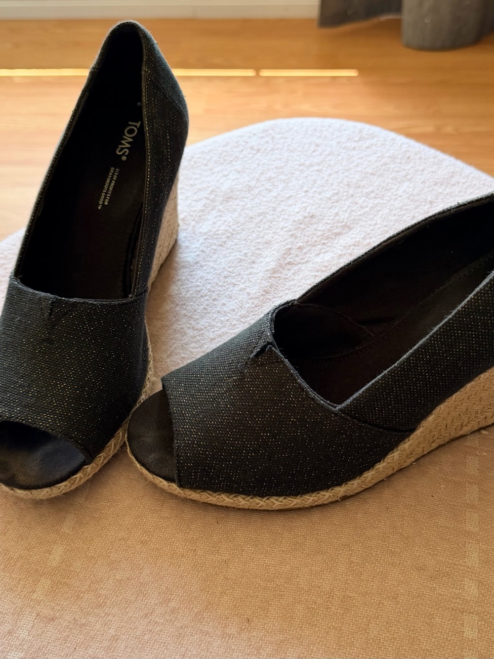 TOMS Black Espadrille Peep-Toe Wedge Shoes
